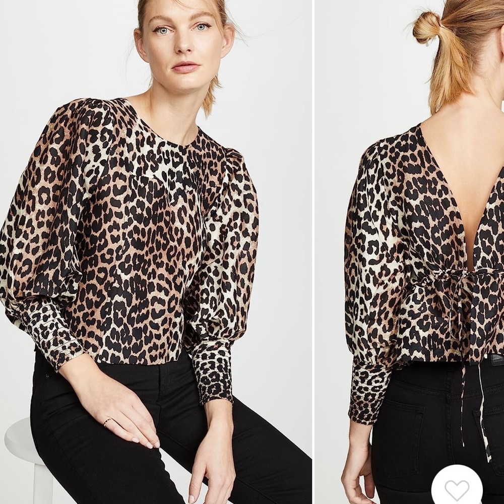 GANNI silk linen top in leopard size 34